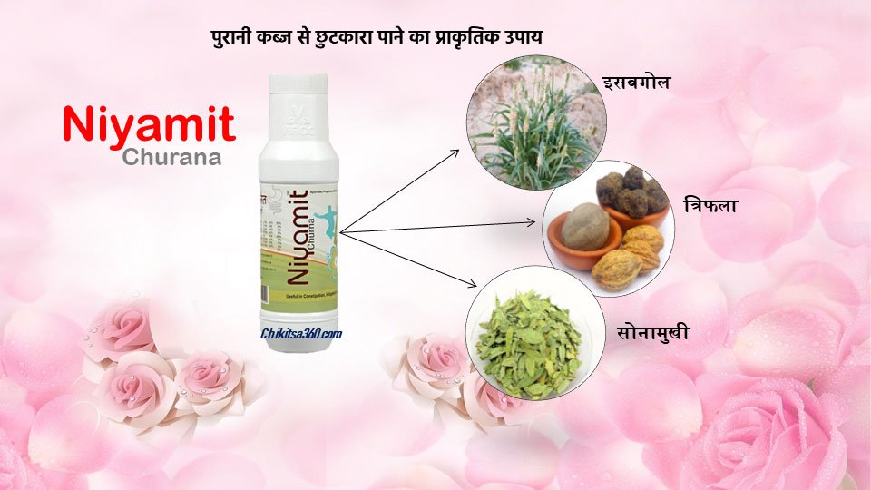 A bottle of "Niyamit Churna" herbal remedy with images of Isabgol, Triphala, and Sonamukhi, highlighting natural remedies for constipation.