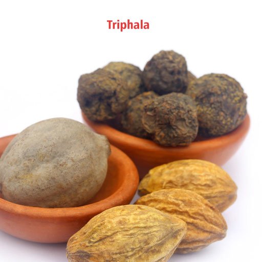 Three types of dried fruits in bowls, identified as Triphala, against a white background.